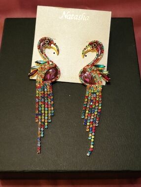 Natasha Couture Gold Multicolor Flamingo Crystal Cascade Earrings Brand New Te